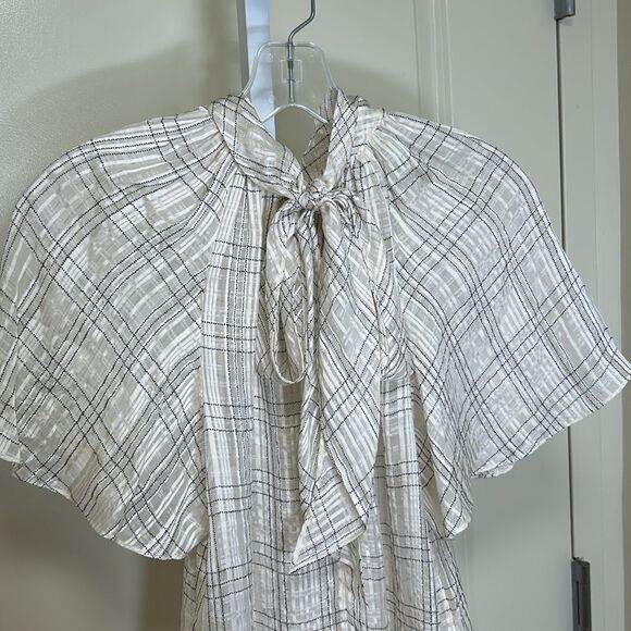 REBECCA TAYLOR - “Jules” Plaid Short-Sleeve Silk Blouse - Size 6, White, Black - Picture 10 of 17
